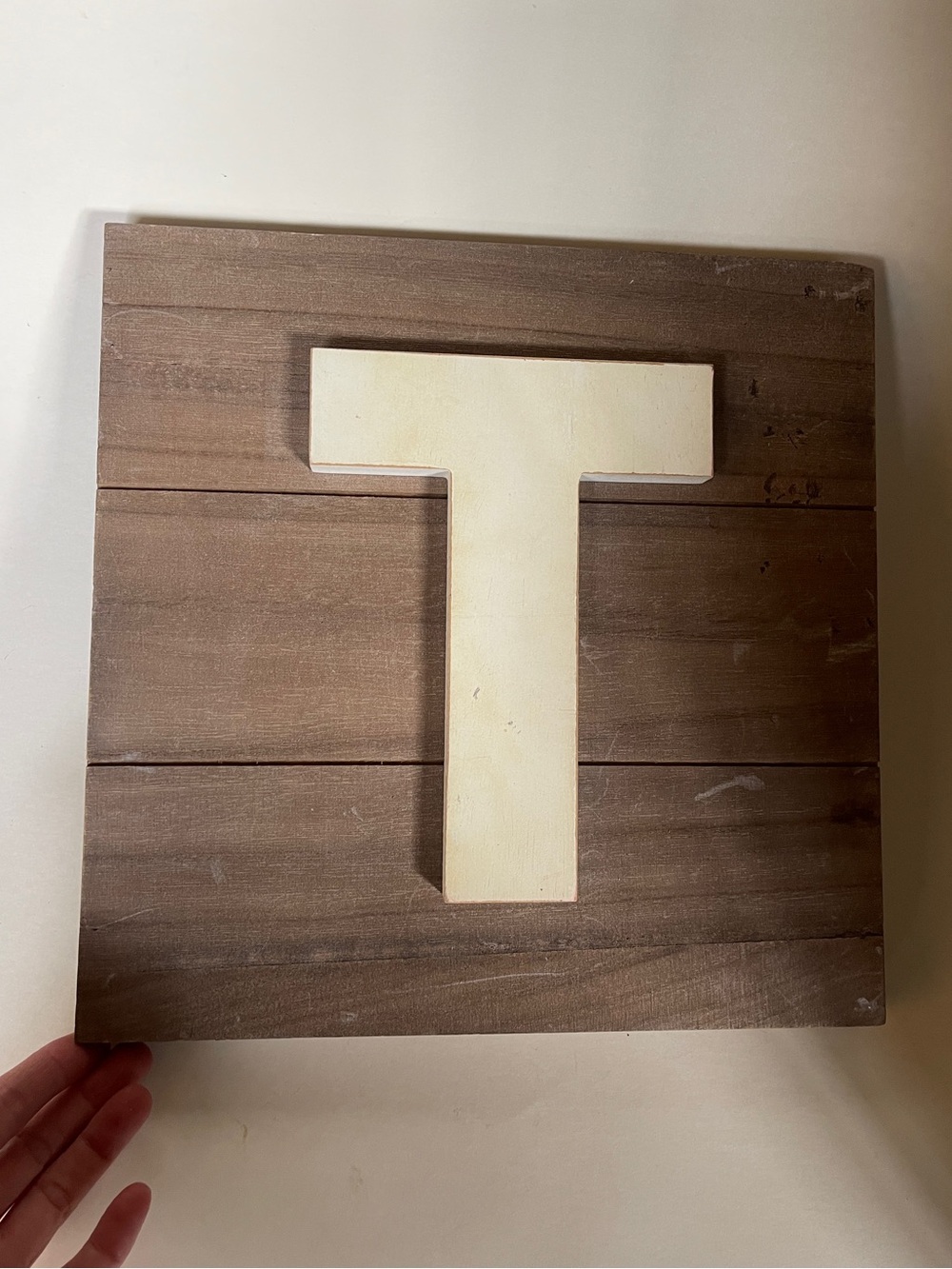 Wooden Monogram Letter T Wall Plaque - Cream on Brown farmhouse style